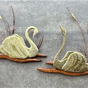 Brass and Wood Swan and Cattail Wall Decor